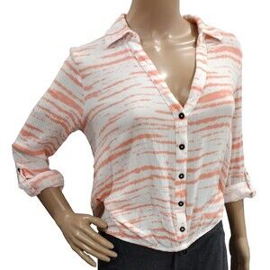 Indigo Poppy Women's Small Coral Pink White Striped Long Sleeve Buttoned Blouse
